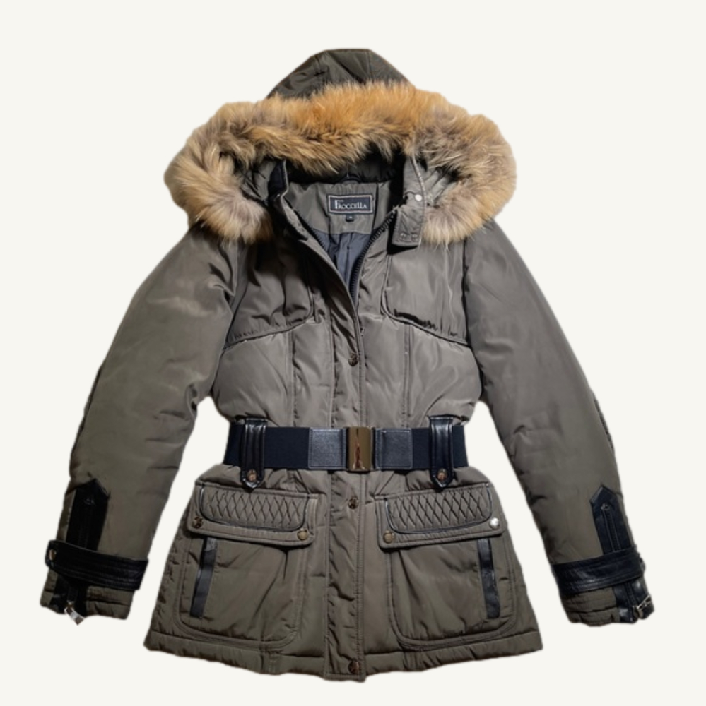 Froccella Olive Green & Black Mid Length Winter Coat with Fox Fur Size Small
